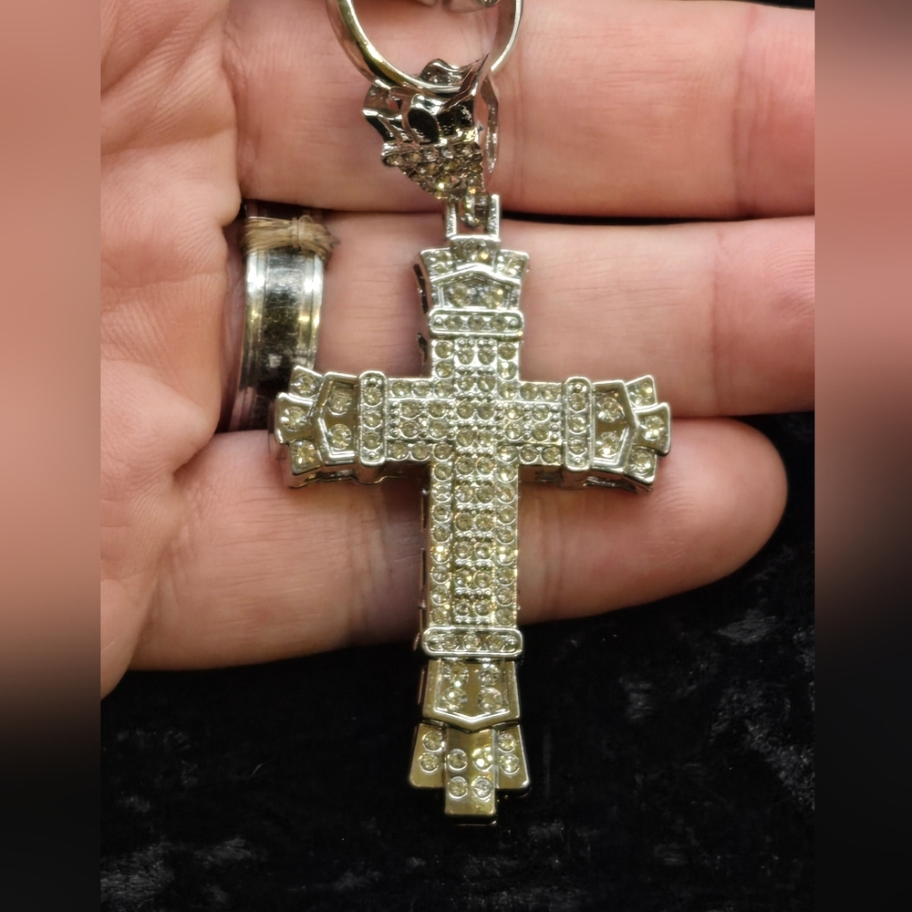 Big Boss Bling SILVER CZ Encrusted Cross Pendant And Necklace 26"×.5"....25234